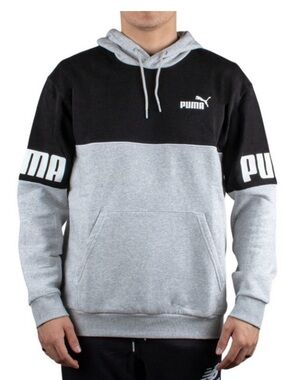 PUMA men’s Power Colorblock Hoodie size 2XL, grey/black, kangaroo front pocket